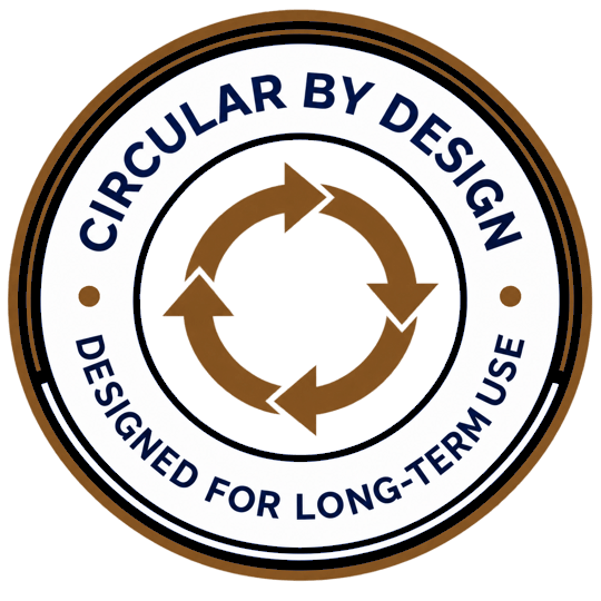 Circular by Design badge - Designed for Long-Term Use badge with circular arrows symbol in gold on dark background