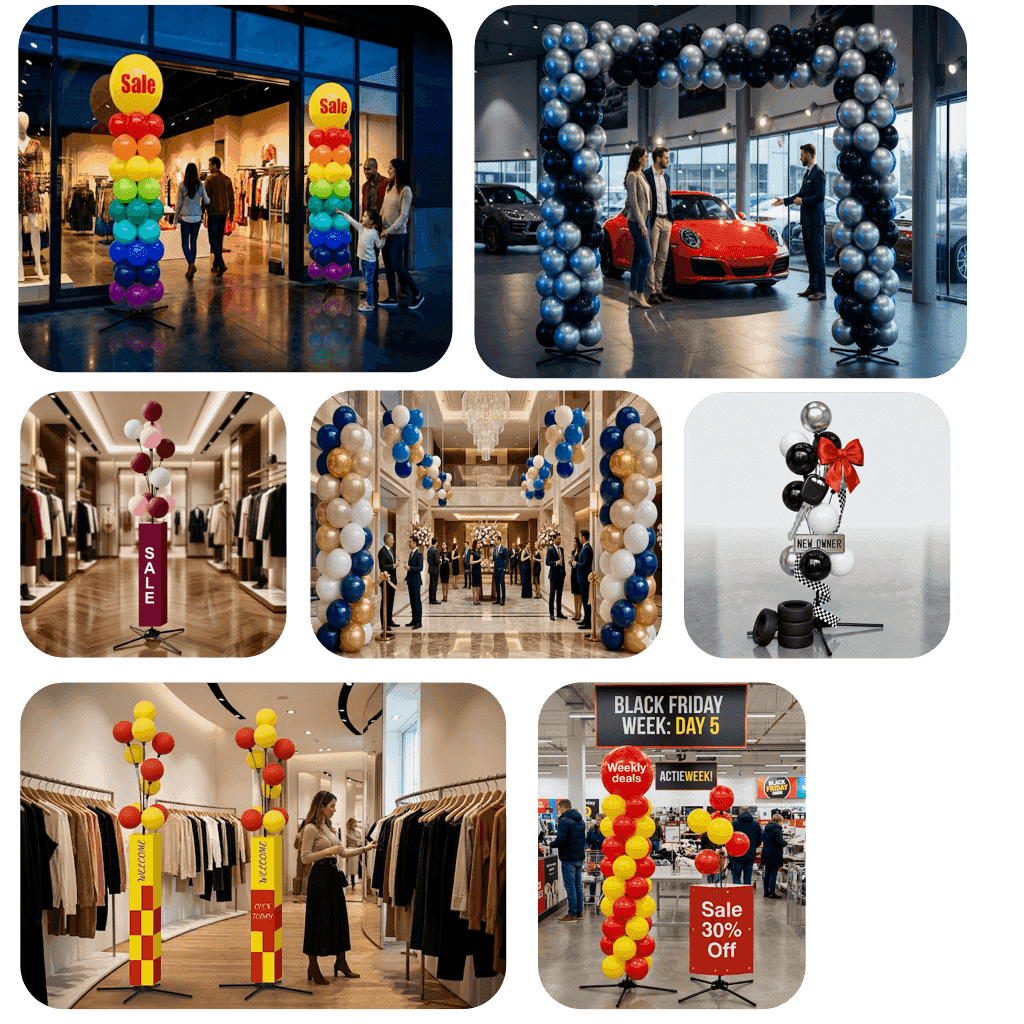 Balloon columns in brand colours at shop entrance as professional signage