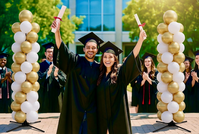 Reusable balloon columns at a graduation ceremony on campus