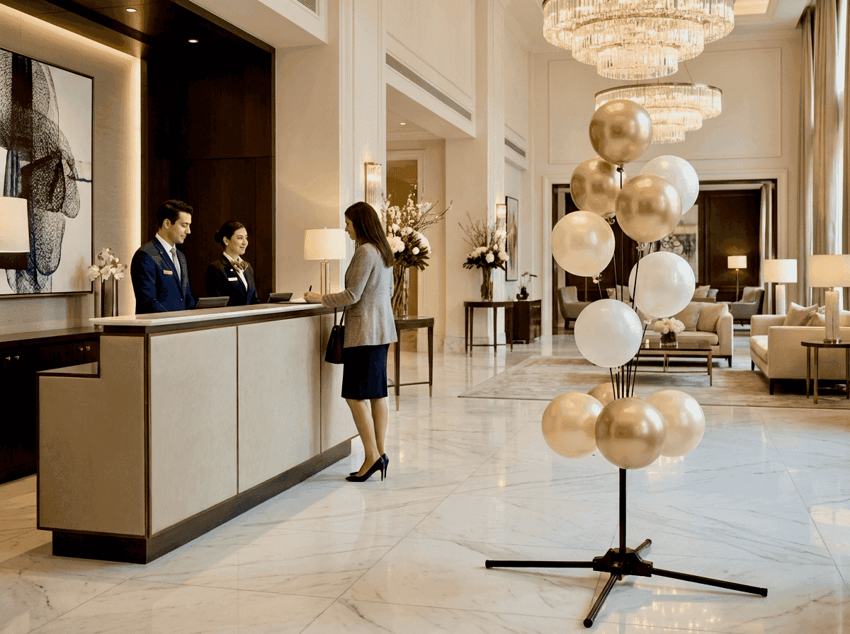 PilaMania balloon fountain in champagne and white in the lobby of a luxury hotel
