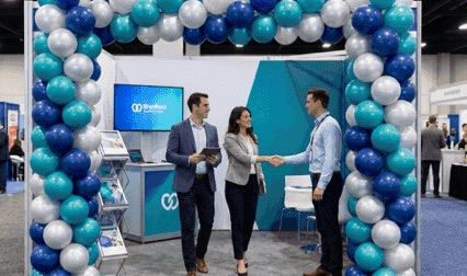 Balloon columns at an exhibition stand during a corporate event