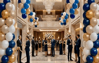 Balloon columns in a hotel lobby during a corporate reception
