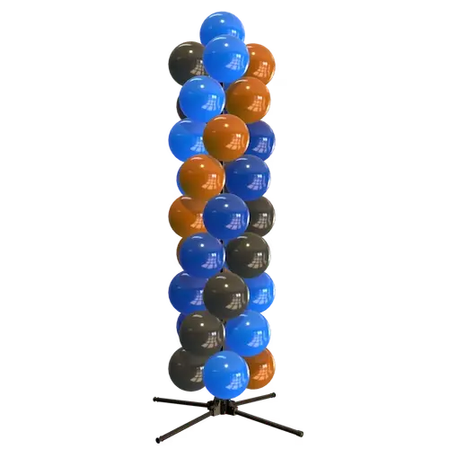 PilaMania balloon column in blue, charcoal and copper on its stand, without a setting
