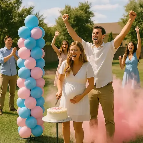 The same balloon column at a garden gender reveal, among cheering guests